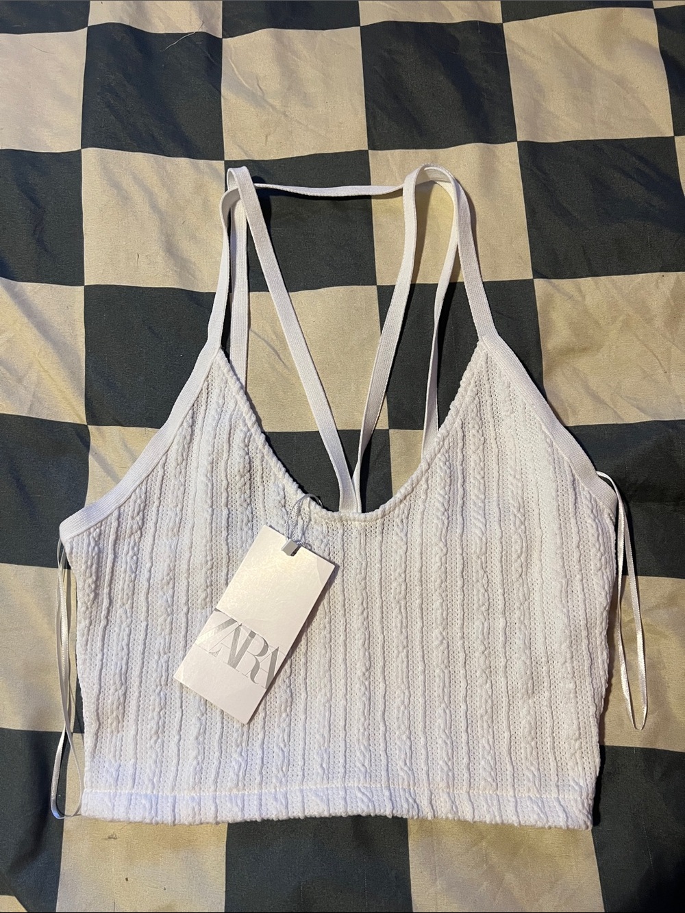 Zara White Ribbed Knit Strappy Crop Bralette